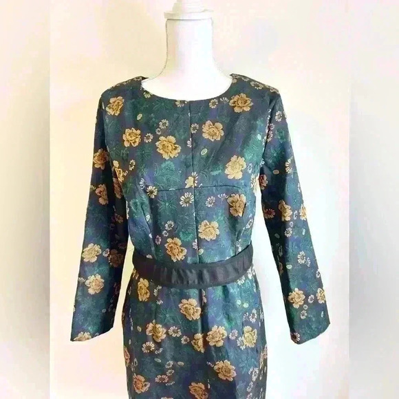 Clocolor Navy Floral Long Sleeve Fitted Embroidered Brocade Dress - Picture 3 of 7